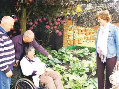 Helmut Renken (links) zeigt Hans und Margrit Vogt   seine Hosta-Sammlung. Hunderte nutzten die Gelegenheit und besichtigten den Garten (unten).