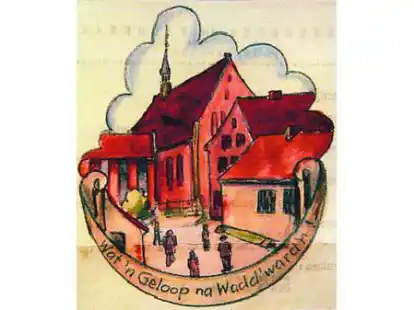 Das Signet auf der Einladung vom 15. Februar 1949 zum ersten Flegelbeer nach dem Zweiten Weltkrieg zeigt den Kirchh&uuml;gel Waddewarden. Im Spruchband steht: &bdquo;Watn Geloop na Waddwardn&ldquo;.