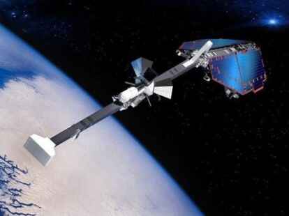 Die Animation des Satellitenbauers Astrium zeigt in Friedrichshafen am Bodensee die Satelliten der Mission 