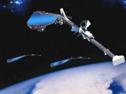 Die Animation des Satellitenbauers Astrium zeigt in Friedrichshafen am Bodensee die Satelliten der Mission 