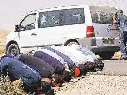 Libysche Rebellen beim Gebet: Auf dem Weg in die nach wie vor von Gaddafi-Getreuen gehaltene Stadt Bani Walid haben sie ihre Fahrt f&uuml;r einige Minuten unterbrochen.