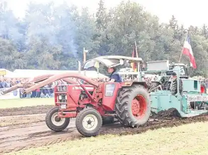 Kr&auml;ftig ziehen: Mit ihren Traktoren versuchten die Starter beim Trecker-Treck in Wemkendorf den angekoppelten Bremswagen m&ouml;glichst weit &uuml;ber die Weide zu ziehen. Hunderte Zuschauer verfolgten das Spektakel.Gast aus Dithmarschen: Herbert Ruge