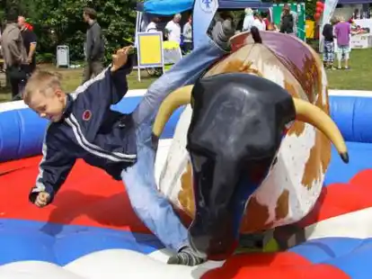Da f&auml;llt der Reiter. Wenn der Bulle zu schnell wird, h&auml;lt es keinen mehr im Sattel. Aber der Sturz ist ja harmlos und tut dem Spa&szlig; beim 3. Nadorster Erlebnistag keinen Abbruch.