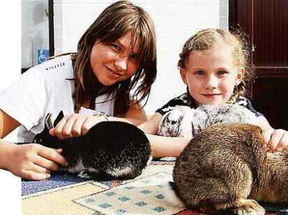 Streicheleinheiten: Lara (links) und Charlotte schmusten mit Kaninchen des Kaninchenz&uuml;chtervereins I 104.