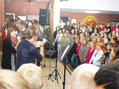 Gemeinsam Musizieren: Gemeinsam haben die polnischen und die deutschen Sch&uuml;ler &bdquo;Fireflies&ldquo; von Owl City geprobt und dann vorgetragen.