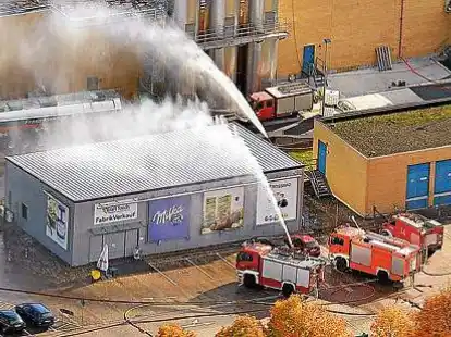 Diese Luftaufnahme zeigt L&ouml;schfahrzeuge der Feuerwehr