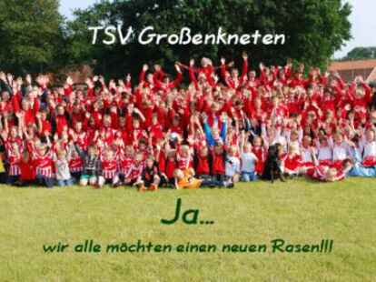 TSV Grossenkneten - Gruppenbild mit gro&szlig;em Hund: Die Fu&szlig;baller des TSV Gro&szlig;enkneten w&uuml;rden sich offensichtlich tierisch &uuml;ber eine Sportplatz-Renovierung freuen. Und weil ein Wunsch sicher eher in Erf&uuml;llung geht, wenn ihn ganz viele Sportler teilen, sind gleich mehrere Dutzend TSV-Spieler zum Fototermin erschienen  und eben ein Hund. Noch ein Tipp f&uuml;r alle, die ihn noch nicht entdeckt haben: Der Vierbeiner tr&auml;gt Schwarz und winkt als einziger nicht in die Kamera. BILD: TSV GRO&szlig;ENKNETEN