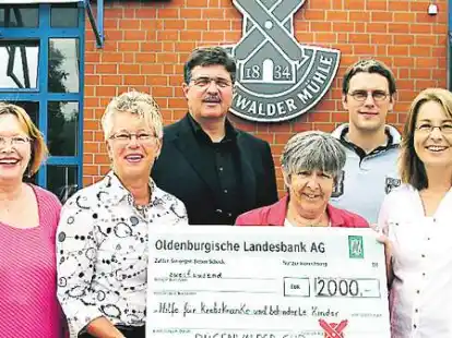 Vertreter des Organisationsteams und Christian Rauffus (3. von links) &uuml;bergaben den Scheck.