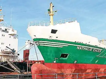 Containerfrachter Nathalie Ehler wartet an der Wiesbadenbr&uuml;cke im Gro&szlig;en Hafen auf einen neuen Auftrag.