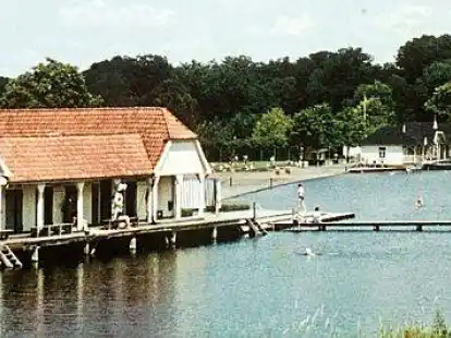Historische Aufnahme: Das Bild zeigt das Frauen- und M&auml;nnerbad (Hintergrund) an der M&uuml;hlenhunte.