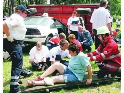 H&ouml;hepunkt des Helferwettbewerbes: Bei der simulierten Gro&szlig;schadenslage &bdquo;Pfingstbaum holen&ldquo; galt es, 22 zum Teil schwerstverletzte Personen zu versorgen.