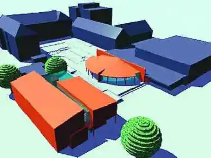 So sollen die Erg&auml;nzungsbauten (rot gezeichnet) des Mariengymnasiums in Jever aussehen.  GRAFIK: IBZ ZOEKE