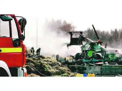 Zwei verkohlte Holz-St&auml;nder &ndash; das ist alles, was nach dem Brand von einem Unterstand auf dem Hof  Stru&szlig; &uuml;brig geblieben ist.  Nebengeb&auml;ude konnte die Feuerwehr sichern.