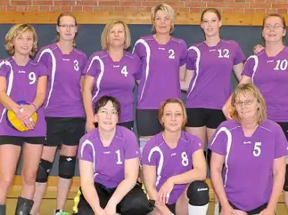 Die erste Mannschaft der Volleyballerinnen des Elsflether TB 2013/2014 mit (vorne, von links) Britta Schneider, Ilka Etzel, Spielertrainerin Brigitte Fuchs (hinten, von links) Diana Krampert, Stefanie W&uuml;llner, Renate Kornmann, Imke Knutzen, Jessica Grube, Frauke Kayser