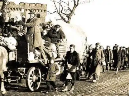 Zu Fu&szlig; oder mit Pferdekarren fl&uuml;chten Menschen aus den &ouml;stlichen Gebieten des besiegten Dritten Reiches gegen Ende des 2. Weltkrieges 1945 und in den Folgemonaten in Richtung Westen.