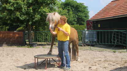 Uwe Jourdain zeigt mit Mirco ein Kunstst&uuml;ck.