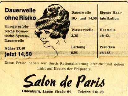 Sehr sch&ouml;n: &bdquo;Dauerwelle ohne Risiko&ldquo; im &bdquo;Salon de Paris&ldquo;, die Preise wurden &bdquo;durch Rationalisierung erreicht&ldquo;.