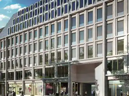 So soll es aussehen, das &bdquo;Wallkontor&ldquo;, wenn es voraussichtlich im Jahr 2020 fertig ist, Es ersetzt die drei am 6. Mai 2015 bei einem Brand zerst&ouml;rten Geb&auml;ude, in denen &bdquo;Harms am Wall&ldquo; untergebracht war.