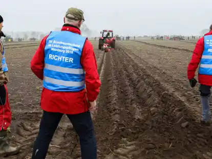 Pr&uuml;fender Blick: Die Wertungsrichter bewerten eines der gepfl&uuml;gten Felder