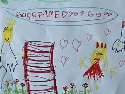<p>Josefine (5) hat sich und ihre Mutter (links) im Garten gemalt. Die beiden tragen Kronen. Die Herzchen sollen zeigen, wie lieb Josefine ihre Mama hat.</p>