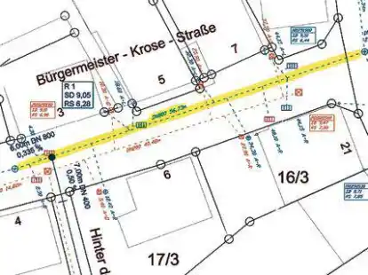 Die Planunterlage zur Sanierung des Regenwasserkanals (gelb) in der B&uuml;rgermeister-Krose-Stra&szlig;e..
