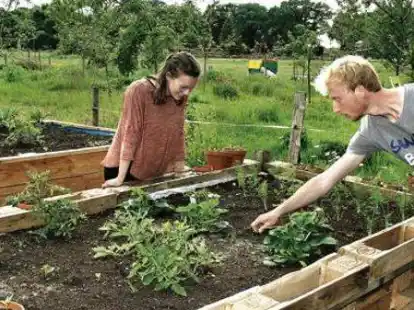 Hier w&auml;chst schon einiges: Marie Oltmer und  Jan-S&ouml;ren Fischer beim Hochbeet und H&uuml;gelbeet.