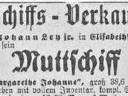 Anzeige von 1922 zum Verkauf des Muttschiffs &ldquo;Margarethe Johanne&rdquo; von Johann Ley aus Elisabethfehn, das bei Kleemanns Wirtschaft in S&uuml;d Edewecht liegt