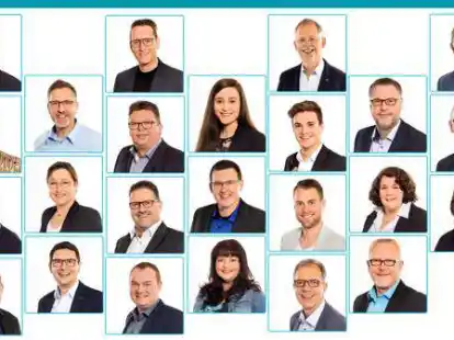 Das sind sie: die Kandidatinnen und Kandidaten, die f&uuml;r die UWG bei der Kommunalwahl antreten: 1. Reihe von oben nach unten: Jan Willjes, Roswitha Duden, Rolf Fittje, Hans Wortmeyer. 2. Reihe:  Maik Jan&szlig;en, Nadja Conring, Klaus Harms. 3. Reihe: Bodo ter Haseborg, Manfred Delger, Reiner Weerts, Jan Macher.  4. Reihe: Charline Krul, Torsten Cramer, Antje Heydegger. 5. Reihe: Hartmut Orth, Nils Noormann, Tim Leuchters, Bernd-Thomas Scheiwe. 6. Reihe: Christian B. M&auml;hlmann, Jantje Berger, Hartmut Bollen. 7. Reihe: Christian Martens, Stefan B&uuml;nnemeyer, Meike zu Klampen-Ebken.