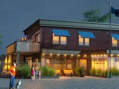 Eine Perle am Weserufer: So soll das neue Restaurant &bdquo;Ankerplatz&ldquo; aussehen, wenn alle Arbeiten abgeschlossen sind.