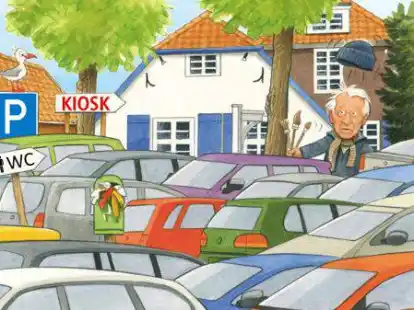 Die Karikatur von Steffen Walentowitz zeigt Franz  Radziwill, der noch einmal vor die T&uuml;r seines Hauses geht und pl&ouml;tzlich auf eine endlos parkende Autokolonne trifft.