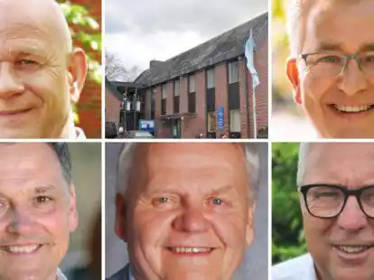 Sie wollen Chef im Huder Rathaus werden: J&ouml;rg Skatulla (unten, von links), Uwe Schubert und Dieter Dalle sowie Roland Arndt (oben links) und Stephan Tapper (oben rechts)