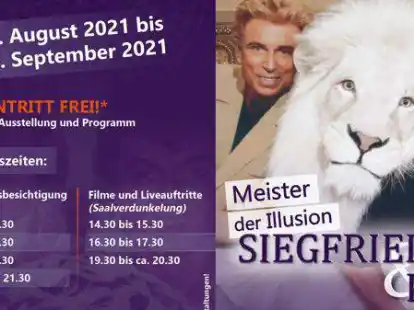 Flyer zur geplanten Ausstellung &bdquo;Siegfried & Roy Memoriam&ldquo; im Ballhaus in Rosenheim.