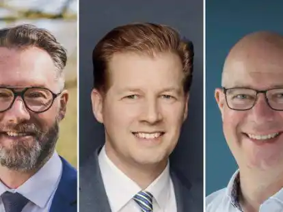 Die drei Kandidaten f&uuml;r die B&uuml;rgermeisterwahl in Bad Zwischenahn (von links): Torsten Kuck (FDP), Henning Dierks (SPD) und Christian Wandscher (CDU).