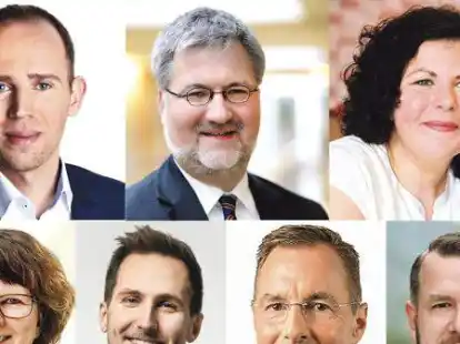 Dennis Rohde (SPD, oben von links), Stephan Albani (CDU), Amira Mohamed Ali (Linke), Susanne Menge (Gr&uuml;ne), Daniel Stephan R&uuml;del (FDP) und Jens Ahrends (LKR) diskutieren live im Netz; Andreas Paul (AfD) hat abgesagt.