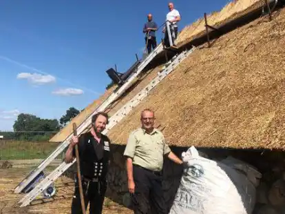 Alexander Heick (unten links) und Michael Feiner (unten rechts) vor dem Schafstall, an dessen Reetdach Andreas Becker (oben links) und Peter Rost (oben rechts) aktuell arbeiten.
