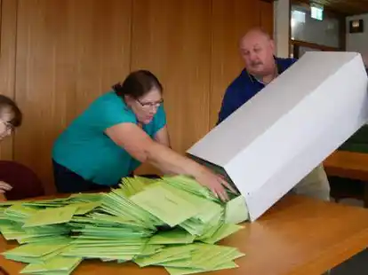Im Sitzungssaal des Rathauses in Rodenkirchen leerten sie am Sonntag um 18.01 Uhr die Briefwahlurne aus: (von links) Petra G&uuml;tschow, Kerstin J&auml;schke, Heinz Segebade und Robby M&uuml;ller