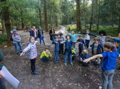 Wie viel Platz brauchen B&auml;ume zum Wachsen? Gemeinsam mit F&ouml;rster Marcus Hoffman lernten die Kinder, warum einige B&auml;ume gef&auml;llt werden m&uuml;ssen.