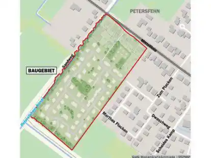 Mit bis 88 Wohneinheiten ziemlich gro&szlig; und m&ouml;glichst stark auf klimafreundliches Bauen getrimmt: Das geplante Neubaugebiet in Petersfehn.