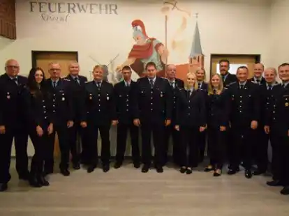 Ehrungen bei der Feuerwehr Scharrel (von links): Lukas von Kajdacsy, Karl Heinz Rieckmann, Vera Tameling, Matthias Tammling, Dieter Jan&szlig;en, Benno Hermes, Stefan H&uuml;ntelmann, Daniel Gehlenborg, Uwe Schulz, Dorothe Niehaus, Maike W&ouml;ste, Sandra Deddens, Gemeindebrandmeister Hartmut Hanekamp, Matthias Blanke, Ortsbrandmeister Michael W&ouml;ste, Christian Kuhl, Kreisbrandmeister Arno Rauer und B&uuml;rgermeister Thomas Otto.
