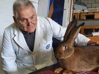 Wertungsrichter Wolfgang Gebauer mit einem  Deutschen Riesen.