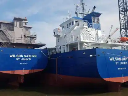 Mit einem anderen Neubau am Ausr&uuml;stungskai der Werft  Bijlsma in Werkendam:  die &bdquo;Wilson Jupiter&ldquo;.