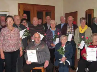 Der neu gew&auml;hlte Vorstand des VdK-W&uuml;sting, die Geehrten und die G&auml;ste (vorne, sitzend von links):  Wilfried Harfst (40 Jahre), Ruth Golomb (25 Jahre) und Marga Rhode (25 Jahre). 2. Reihe, von links: Gunda Menkens (Vorsitzende), Hans-Hermann Vink (25 Jahre), Marga Sch&uuml;tte (stellv. Vorsitzende), Hans-J&uuml;rgen Broeker (25 Jahre), Karoline Die&szlig;elberg (25 Jahre), Dieter Asche (25 Jahre) und Rita Asche (25 Jahre und Kassenwartin). Hintere Reihe, von links: D&ouml;rte R&uuml;schen (Frauenvertreterin), Hermann Folke (stellvertretender Schriftf&uuml;hrer), J&ouml;rg Skatulla (B&uuml;rgermeister), Inge Eilers (stellv. Kassenwartin), Hans-G&uuml;nter Ostermann (25 Jahre dabei und Schriftf&uuml;hrer) und Manfred Huck (Kreisverbandsvorsitzender).