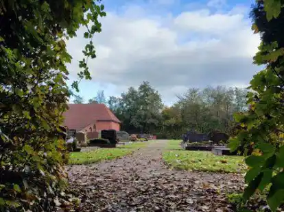 Viel Laub und schleppende Entw&auml;sserung: der Besuch des eigentlich lauschig angelegten Pewsumer Friedhofs kann nass und mitunter auch rutschig werden.