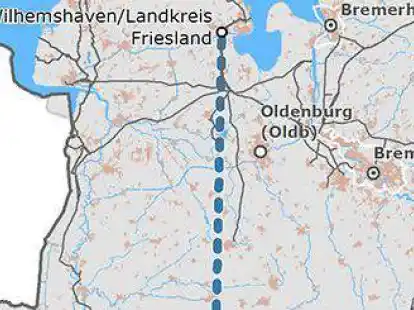 Die Amprion-Trasse f&uuml;hrt von Wilhelmshaven durch Friesland nach Hamm in Nordrhein-Westfalen