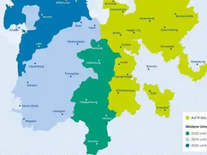 Die Karte zeigt, wo EWE Netz bereits auf H-Gas umgestellt hat und welche Regionen nun an der Reihe sind.