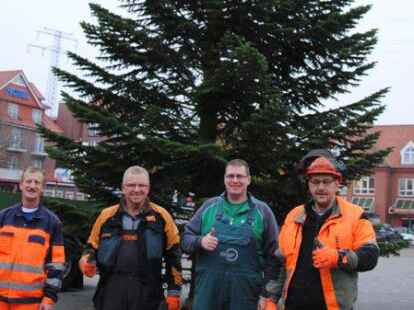 Stellten den Weihnachtsbaum in Pr&auml;zisionsarbeit auf dem Wiesmoorer Marktplatz auf: Manfred Behrends, Manfred Christoffers, Maik Aden und Rainer Schwanz.