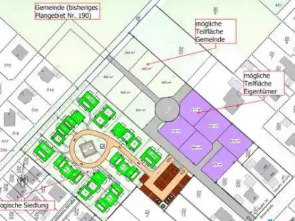 So k&ouml;nnte es aussehen: Im unteren Bereich ist die &ouml;kologische Siedlung (in gr&uuml;n) geplant, im oberen Bereich zwei normale Baugebiete.