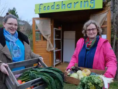 Hier soll es am Samstag losgehen: Antje Osterloh von der Foodsharing-Gruppe und Sabine Semken vom Verein &bdquo;Das Boot&ldquo; vor der Emder Selbstbedienungsh&uuml;tte (im Szenejargon &bdquo;Fairteiler&ldquo; genannt).