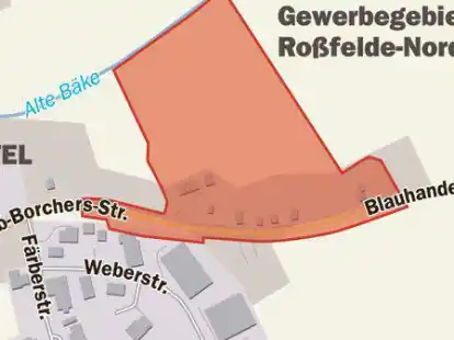 Das Plangebiet f&uuml;r das Gewerbegebiet Ro&szlig;felde-Nord umfasst auch die H&auml;userreihe an der Blauhander Stra&szlig;e.