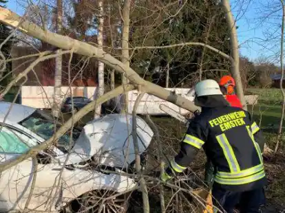 Die Feuerwehr Emstek musste einen Baum kaputt s&auml;gen, der durch die Wucht des Aufpralls auf ein Auto gefallen war.